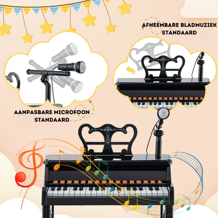 Trendmix 37 Toetsen Elektronisch Kinderpiano - Kinderpiano met kruk, Microfoon en Bladmuziekstandaard  - Piano voor kinderen vanaf 3 jaar- 41 x 22,5 x 49 cm Zwart
