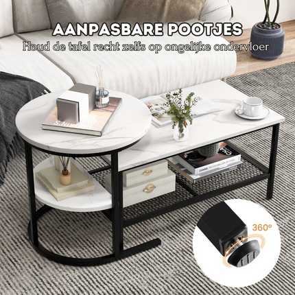 Trendmix Set van 2 Bijzettafel En Salontafel Marmerprint 80 x 46 x 41 cm - Zwart Frame - Ronde Bijzettafel Rechthoekige Salontafel