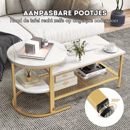 Trendmix Set van 2 Bijzettafel En Salontafel Marmerprint 80 x 46 x 41 cm - Gouden Frame - Ronde Bijzettafel Rechthoekige Salontafel