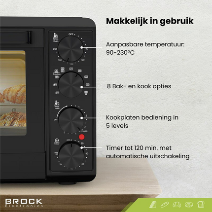 Brock Electronics Elektrische Mini Oven 50L Met 2 Keramische Kookplaten - Vrijstaande Convectie Oven Met Grill En 2 Kookplaten – 1800W - Zwart