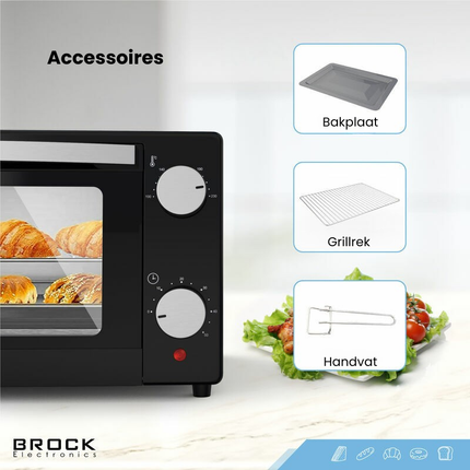 Brock Electronics Elektrische Mini Oven 9L 100-230 ℃ - Vrijstaande Oven - 650W - Zwart