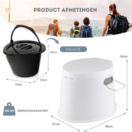 Trendmix Draagbaar Camping Toilet 5L - Lichtgewicht Buiten Toilet met Uitneembare Binnenemmer - Houder voor Toiletpapier Chemisch Toilet Wit/Grijs
