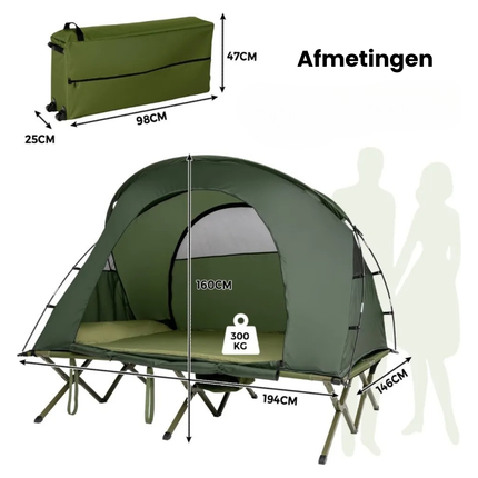 Trendmix 4-in-1 Opvouwbare Campingtent – Verhoogde Kampeertent met Vouwbaar Cot – 2-Persoons Waterdichte Tent – Draagbare Tent voor Camping, Outdoor & Backpacken – 194 x 146 x 160 cm – Groen