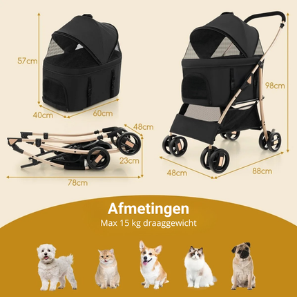 Trendmix Hondenbuggy 3-in-1 Zwart – Opvouwbare Hondenwagen – Verwijderbare Draagbox & Autostoel – Tot 15 kg – Met Vering & Opbergruimte