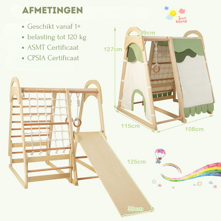 Trendmix 6-In-1 Houten Klimrek Speeltoestel - Indoor Kinder Speeltoestel met Glijbaan en Tent - 115 cm x 108 cm x 127 cm