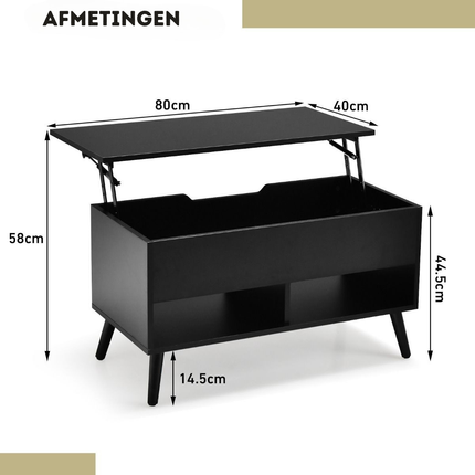 Trendmix Multifunctionele Salontafel Uitklapbaar Zwart - Lift-Top Koffietafel - Verstelbare Woonkamer Tafel 80 x 40 x 44,5 cm