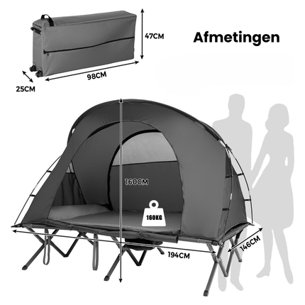 Trendmix 4-in-1 Opvouwbare Campingtent – Verhoogde Kampeertent met Cot, Luchtmatras & Pomp – 2-Persoons Waterdichte Tent – Snel Opzetbaar & Draagbaar – Outdoor, Festival & Camping – Grijs – 194 x 146 x 160 cm