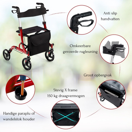 Trendmix Opvouwbare Lichtgewicht Rollator Met Zitting En Loophulp - 6-Voudig In Hoogte Verstelbaar Loopwagen - Tas En Stokhouder & 2 Remmen - Rood