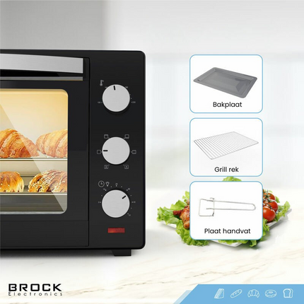 Brock Electronics Elektrische Mini Oven 30L met 2 Kookplaten – Vrijstaande Convectie Oven met Grill en Kookplaten – 1600W - Zwart