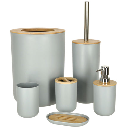 Luxe 6-delige bamboe badkamer set / toiletset grijs - zeepdispenser - tandenborstelhouder - toiletborstel - prullenbak zeepbakje - opberg beker