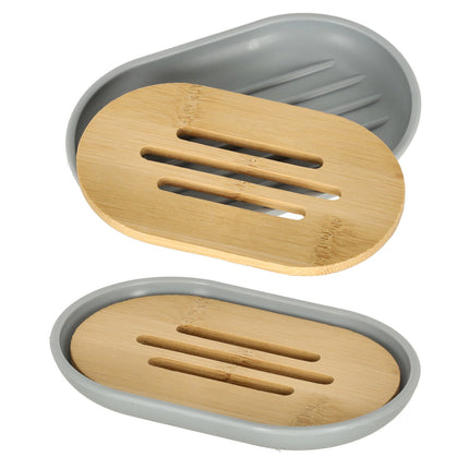 Luxe 6-delige bamboe badkamer set / toiletset grijs - zeepdispenser - tandenborstelhouder - toiletborstel - prullenbak zeepbakje - opberg beker
