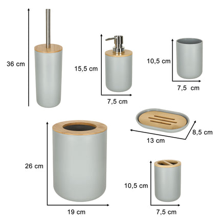 Luxe 6-delige bamboe badkamer set / toiletset grijs - zeepdispenser - tandenborstelhouder - toiletborstel - prullenbak zeepbakje - opberg beker