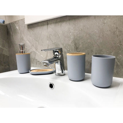Luxe 6-delige bamboe badkamer set / toiletset grijs - zeepdispenser - tandenborstelhouder - toiletborstel - prullenbak zeepbakje - opberg beker