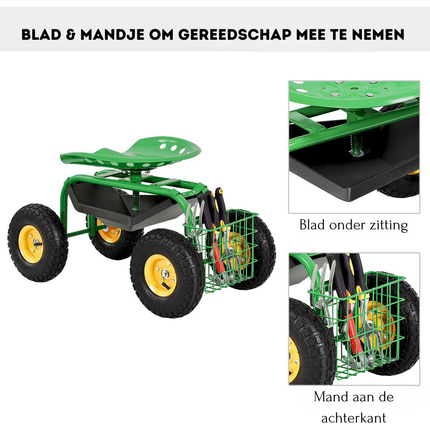 Trendmix Verrijdbare Werk Tuinstoel met 360° Draaibare Zitting - Om Makkelijk Onkruid Te Verwijderen - Verstelbare Hoogte Tuintrolley - Opbergmand – Groen