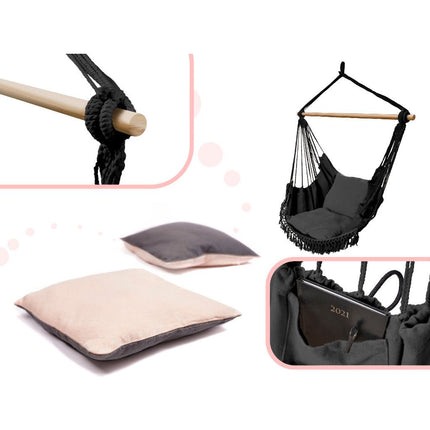 Braziliaanse hangmat stoel met kussens zwart belasting tot 100 kg inclusief 2 kussens