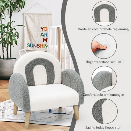 Trendmix Kinder Fauteuil Teddy Stof Grijs Regenboog - Kinderzetel - Lounge Stoel - 51 x 42 x 51 cm