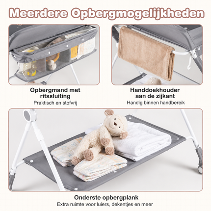 Baby Joy 4-in-1 Inklapbare Babycommode – Grijs – Verstelbaar – Met Wielen, Veiligheidsgordel & Opbergruimte – Luiertafel