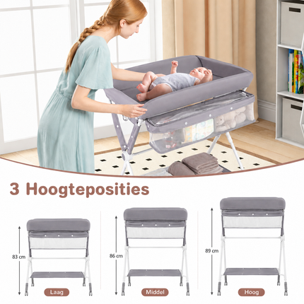 Baby Joy 4-in-1 Inklapbare Babycommode – Grijs – Verstelbaar – Met Wielen, Veiligheidsgordel & Opbergruimte – Luiertafel