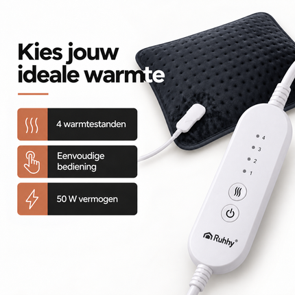 Elektrisch Warmtekussen 60 x 38 cm – 4 Warmtestanden – Rug & Nek – Grijs