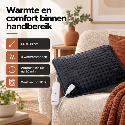 Elektrisch Warmtekussen 60 x 38 cm – 4 Warmtestanden – Rug & Nek – Grijs
