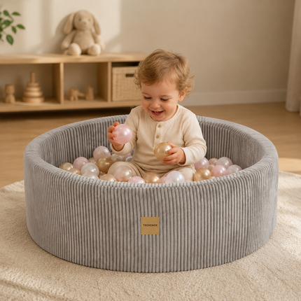 Trendmix Luxe Ronde Ballenbak voor Kinderen en Baby's - Ballenbad 90x30cm Beige Corduroy - 200 Kleurrijke Ballen 6cm Parelmoer, Lichtroze, Goud
