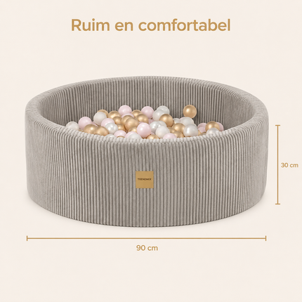 Trendmix Luxe Ronde Ballenbak voor Kinderen en Baby's - Ballenbad 90x30cm Beige Corduroy - 200 Kleurrijke Ballen 6cm Parelmoer, Lichtroze, Goud