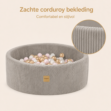 Trendmix Luxe Ronde Ballenbak voor Kinderen en Baby's - Ballenbad 90x30cm Beige Corduroy - 200 Kleurrijke Ballen 6cm Parelmoer, Lichtroze, Goud