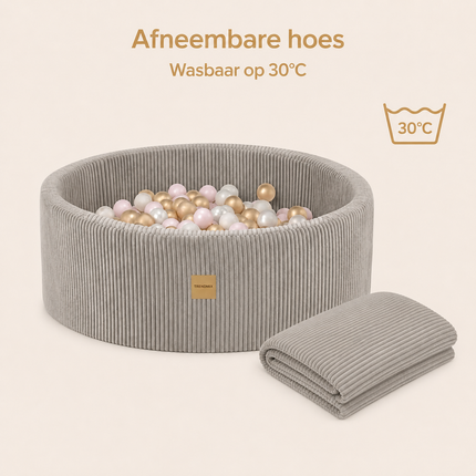 Trendmix Luxe Ronde Ballenbak voor Kinderen en Baby's - Ballenbad 90x30cm Beige Corduroy - 200 Kleurrijke Ballen 6cm Parelmoer, Lichtroze, Goud