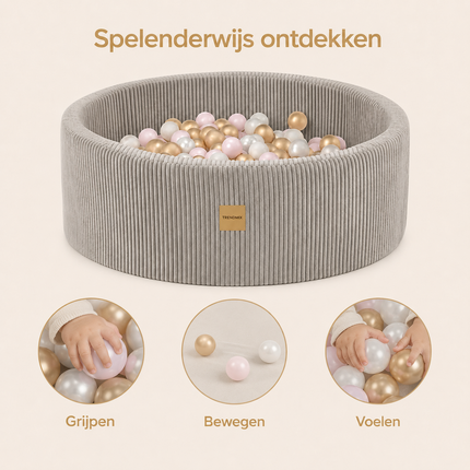 Trendmix Luxe Ronde Ballenbak voor Kinderen en Baby's - Ballenbad 90x30cm Beige Corduroy - 200 Kleurrijke Ballen 6cm Parelmoer, Lichtroze, Goud