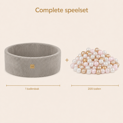 Trendmix Luxe Ronde Ballenbak voor Kinderen en Baby's - Ballenbad 90x30cm Beige Corduroy - 200 Kleurrijke Ballen 6cm Parelmoer, Lichtroze, Goud