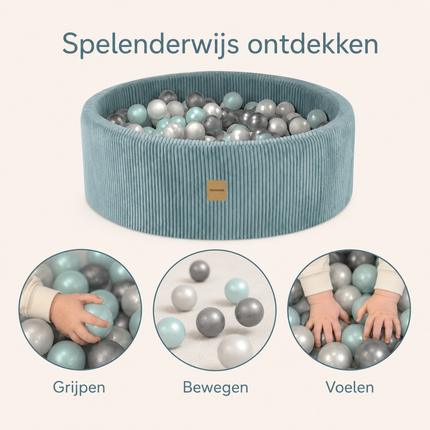 Luxe Ronde Ballenbak 90x30 cm met 200 Ballen – Blauw Corduroy Ballenbad voor Baby & Peuter – Trendmix Educatief Speelplezier