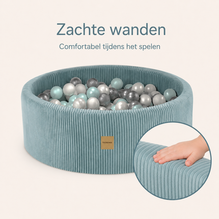 Luxe Ronde Ballenbak 90x30 cm met 200 Ballen – Blauw Corduroy Ballenbad voor Baby & Peuter – Trendmix Educatief Speelplezier