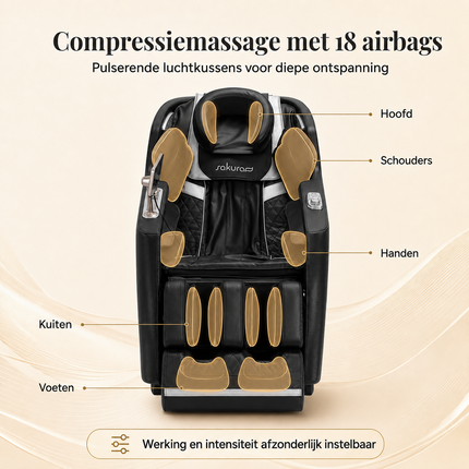 Sakura Prime 101 Massagestoel Zwart – Elektrische Massagefauteuil met Zero Gravity – Luchtkussens – Verwarming – Bluetooth
