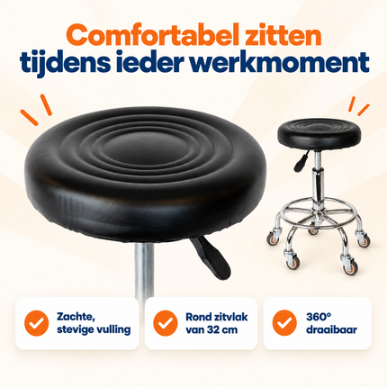 Trendmix Kapperskruk op Wielen – Verstelbare Salonkruk met Voetsteun – Zwart