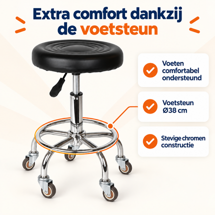 Trendmix Kapperskruk op Wielen – Verstelbare Salonkruk met Voetsteun – Zwart