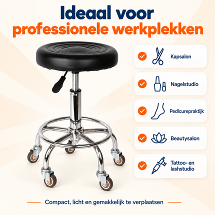Trendmix Kapperskruk op Wielen – Verstelbare Salonkruk met Voetsteun – Zwart