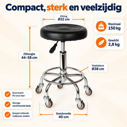 Trendmix Kapperskruk op Wielen – Verstelbare Salonkruk met Voetsteun – Zwart