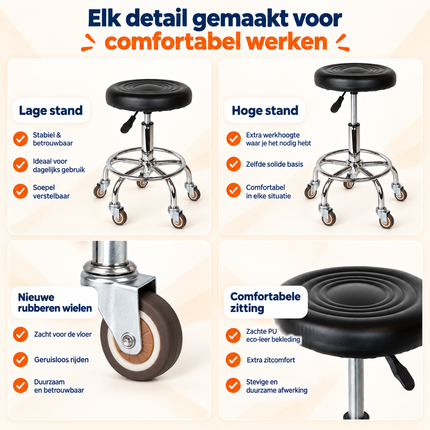 Trendmix Kapperskruk op Wielen – Verstelbare Salonkruk met Voetsteun – Zwart