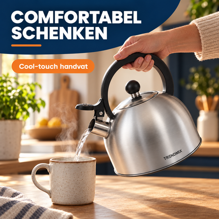 Trendmix Fluitketel geborsteld RVS 2,5 Liter – Lichtgewicht – Cool-Touch Handvat – Geschikt Voor Inductie, Gas En Alle Warmtebronnen