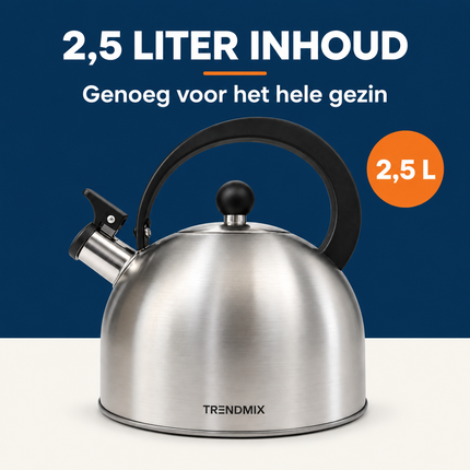 Trendmix Fluitketel geborsteld RVS 2,5 Liter – Lichtgewicht – Cool-Touch Handvat – Geschikt Voor Inductie, Gas En Alle Warmtebronnen