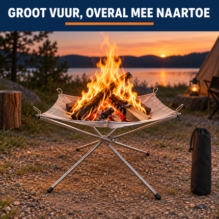 Trendmix Opvouwbare Vuurkorf Groot – Draagbare Kampvuurstandaard met Reistas – RVS Vuurschaal Buiten – Camping Fire Pit 56 x 56 x 43 cm