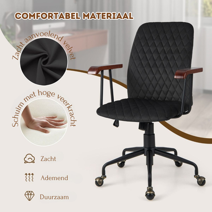 Trendmix Fluwelen Vintage Bureaustoel Met Kantelbare Rugleuning - 150 kg Draagvermogen - Ergonomische Verstelbare Draaibare Thuiskantoor Stoel - Zwart