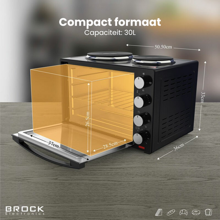 Brock Electronics Elektrische Mini Oven 30L met 2 Kookplaten – Vrijstaande Convectie Oven met Grill en Kookplaten – 1600W - Zwart
