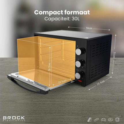 Brock Electronics Elektrische Mini Oven 30L – Vrijstaande Convectie Grill Oven 1600W - Zwart