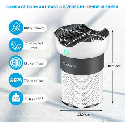 Costway Luchtreiniger met H13-HEPA-filter 4 standen 121 ㎡ per uur - Lucht Kwaliteitsindicator - Allergieën - Slaapmodus - Luchtverfrisser 8-Uurs Timer