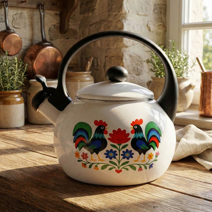 Meyerhoff White Folk fluitketel 2,2L – Emaille inductie fluitketel – Traditioneel folk design met kip – Wit
