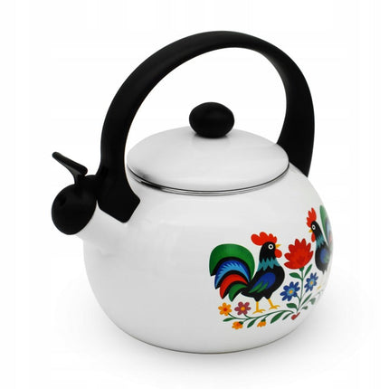 Meyerhoff White Folk fluitketel 2,2L – Emaille inductie fluitketel – Traditioneel folk design met kip – Wit