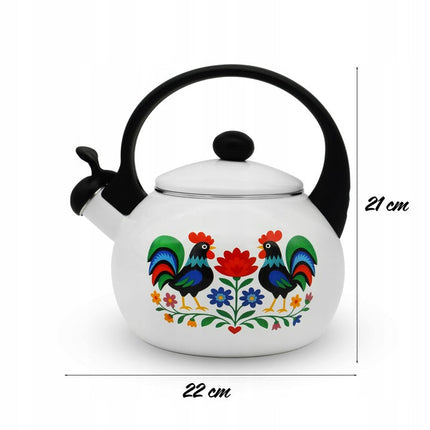 Meyerhoff White Folk fluitketel 2,2L – Emaille inductie fluitketel – Traditioneel folk design met kip – Wit