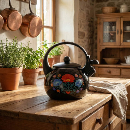 Meyerhoff Black Folk fluitketel 2,2L – Emaille inductie fluitketel – Traditioneel folk design – Zwart met bloemen
