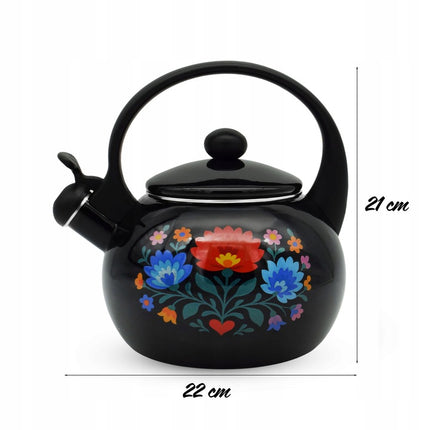 Meyerhoff Black Folk fluitketel 2,2L – Emaille inductie fluitketel – Traditioneel folk design – Zwart met bloemen